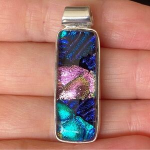 Handmade Mexico Stirling Silver Dichroic Glass Pendant Necklace